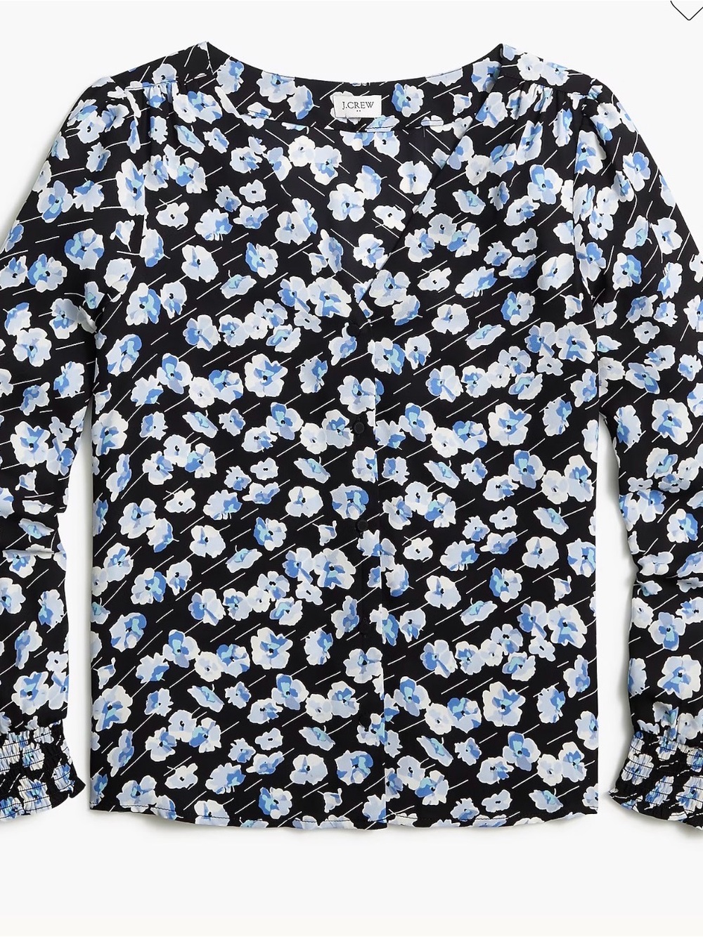J. Crew Black Floral V-Neck Blouse with Blue & White Blooms